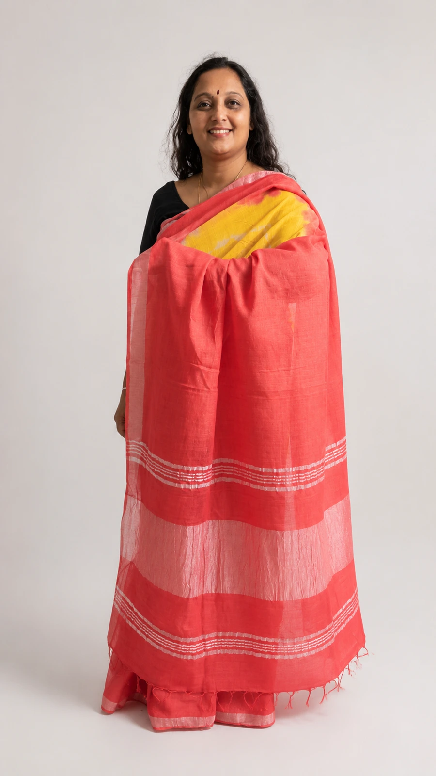 Red & Yellow Cotton Linen Saree with Matt Silver Border