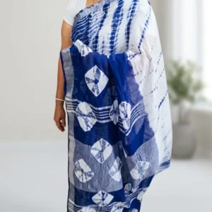 Navy Blue & White Cotton Linen Saree with Matt Silver Border