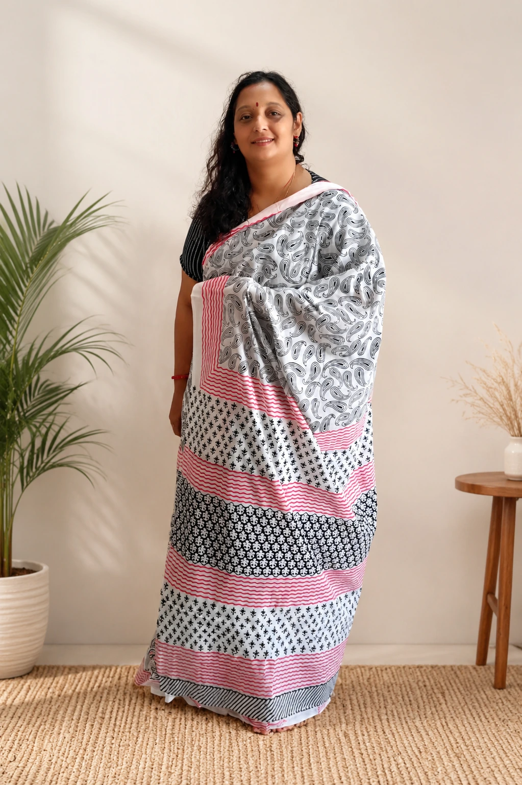 White & Black Cotton Mul Mul Saree With Blouse Piece