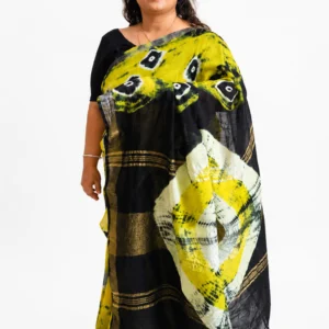 Yellow & Black Cotton Linen Saree with Matt Silver Border