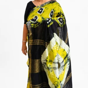 Yellow & Black Cotton Linen Saree with Matt Silver Border