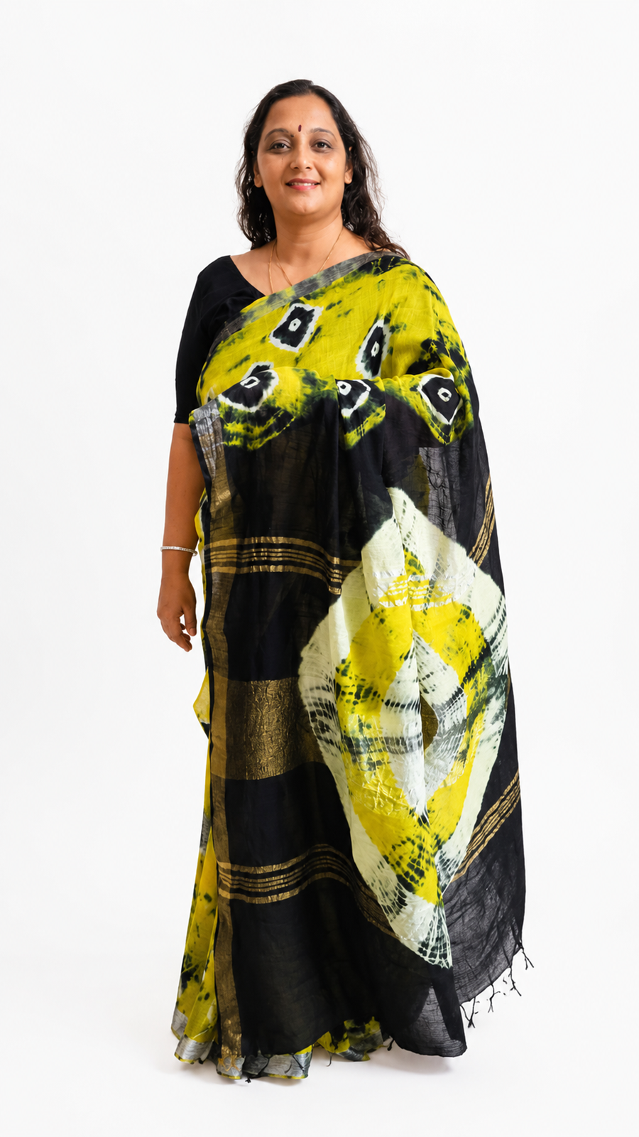 Yellow & Black Cotton Linen Saree with Matt Silver Border