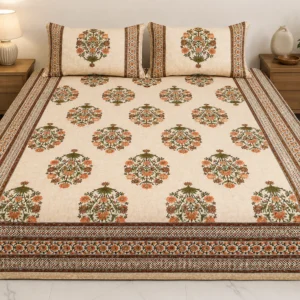 Cream ,Mustard & Brown Jaipuri Cotton Floral Bedsheet