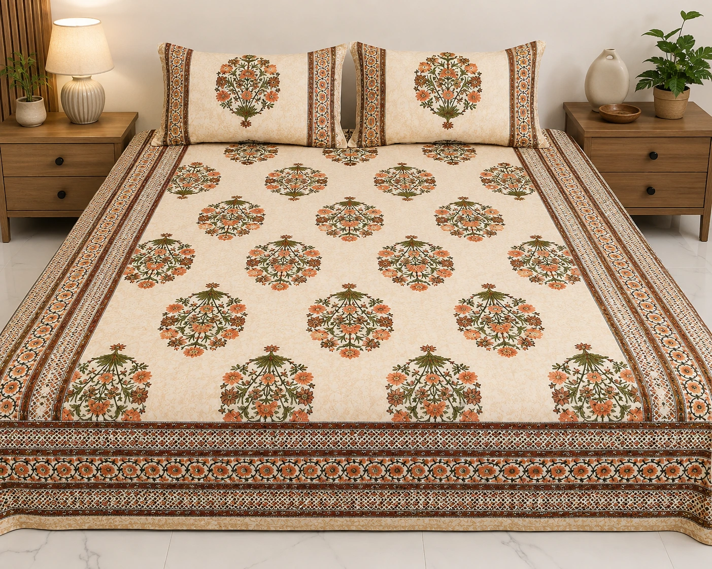 Cream ,Mustard & Brown Jaipuri Cotton Floral Bedsheet