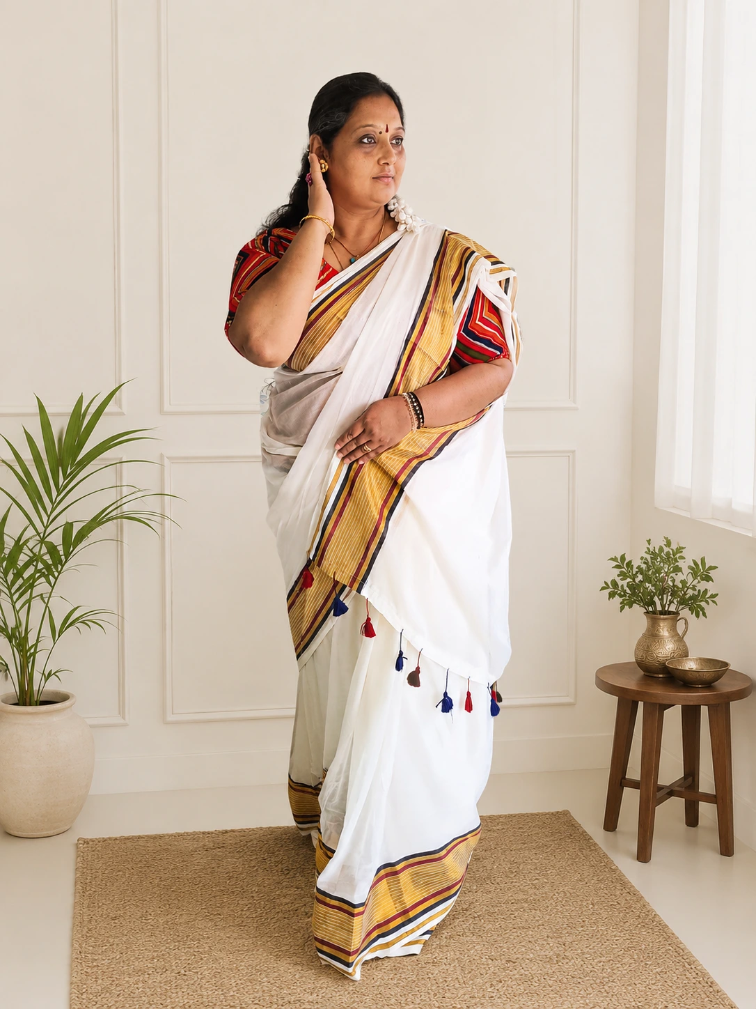 Kerala Saree with Blue & Maroon Border