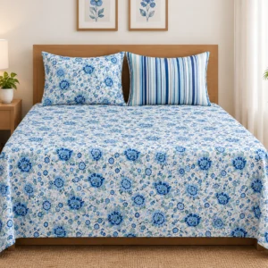Premium King Size Blue & Grey Jaipuri Floral Cotton Bedsheet