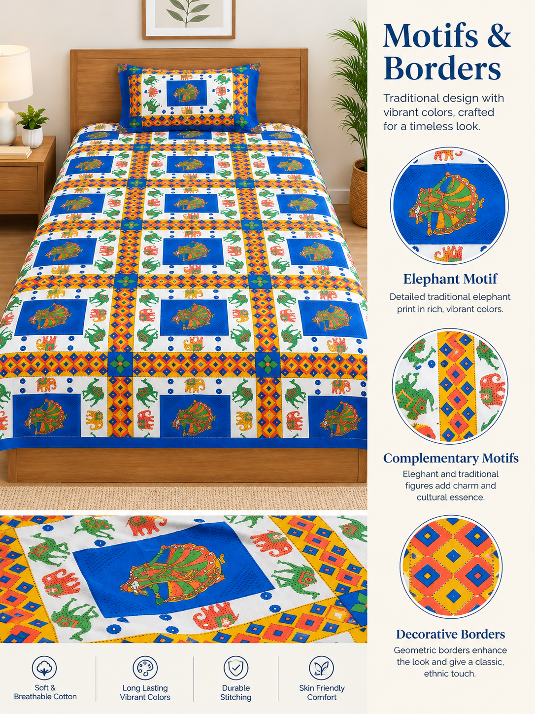 Blue Rajasthani Print Single Bedsheet - Image 2