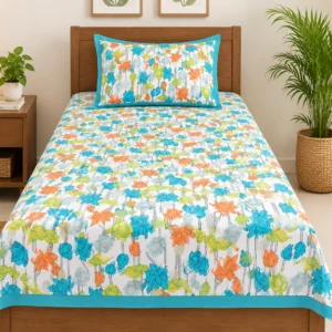 Teal & Orange Floral Single Bedsheet