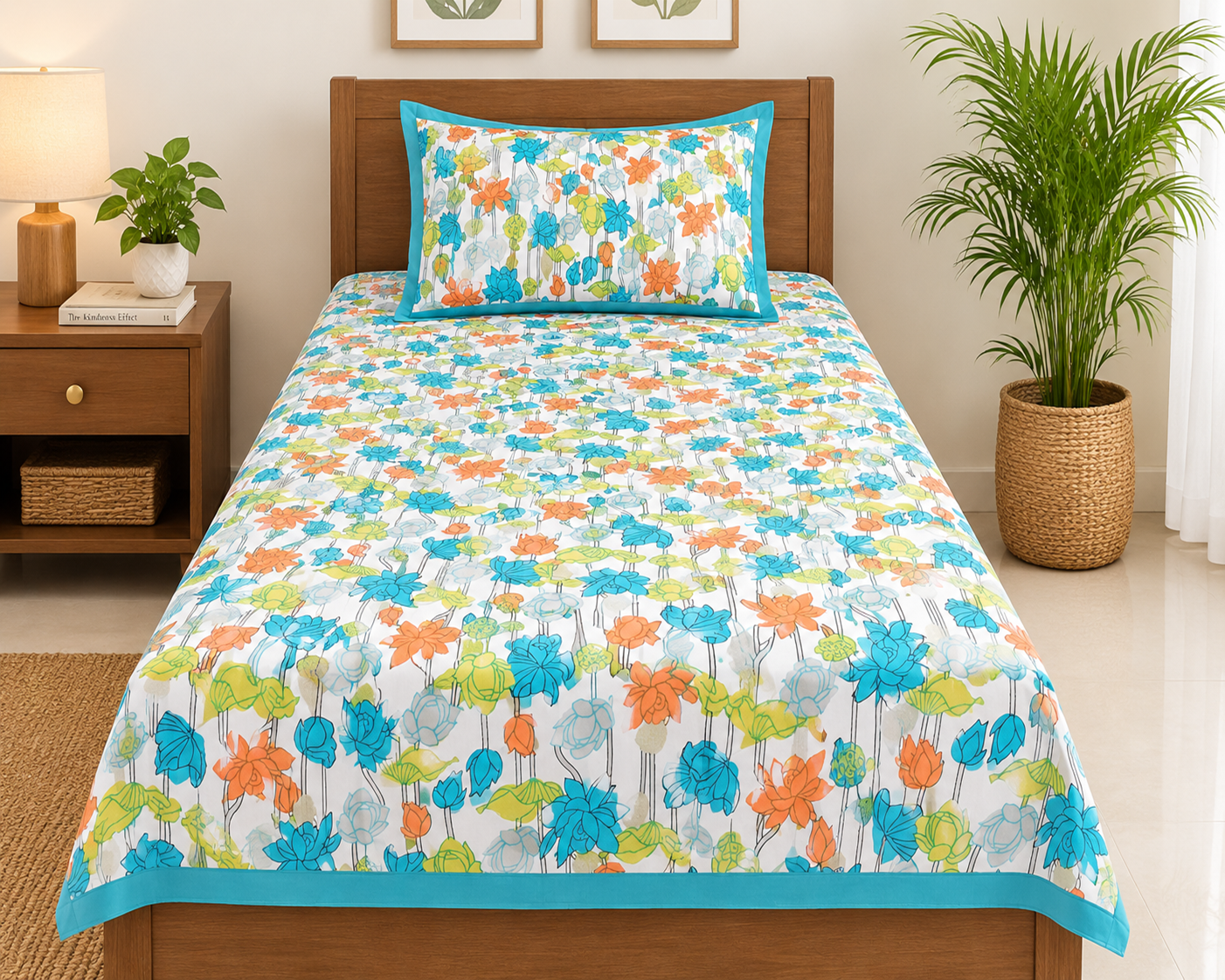 Teal & Orange Floral Single Bedsheet