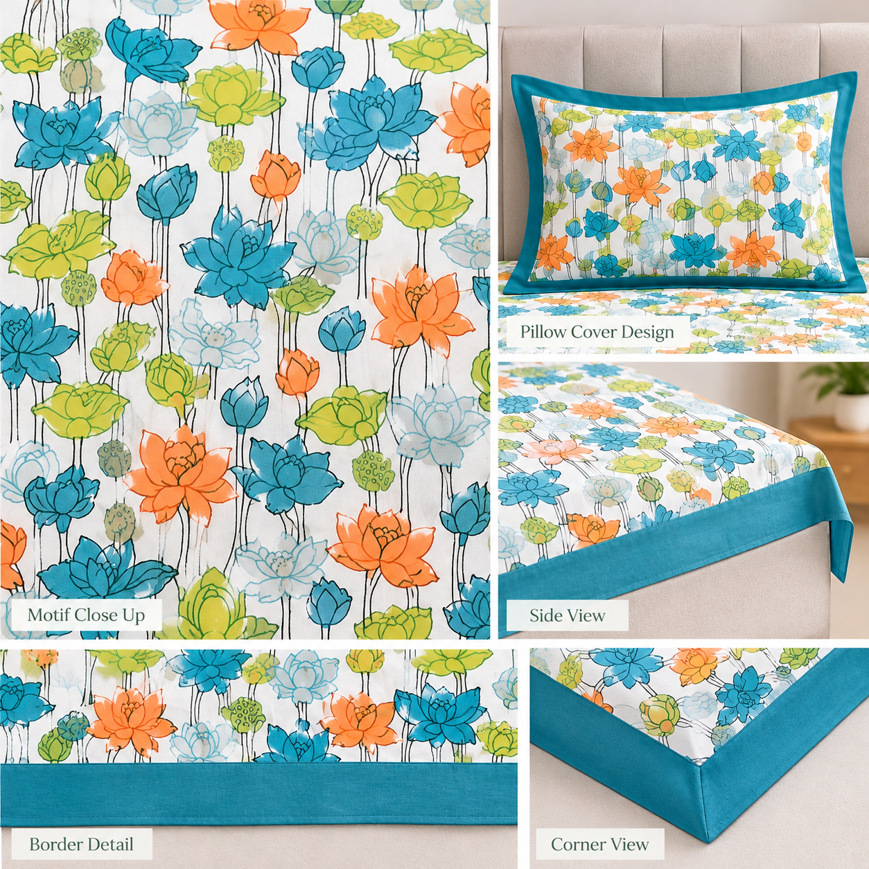 Teal & Orange Floral Single Bedsheet - Image 2