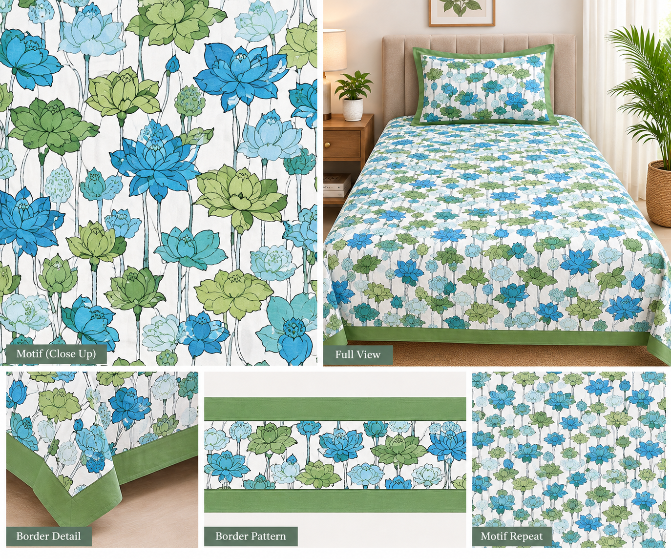 Green & Blue Floral Single Bedsheet - Image 2