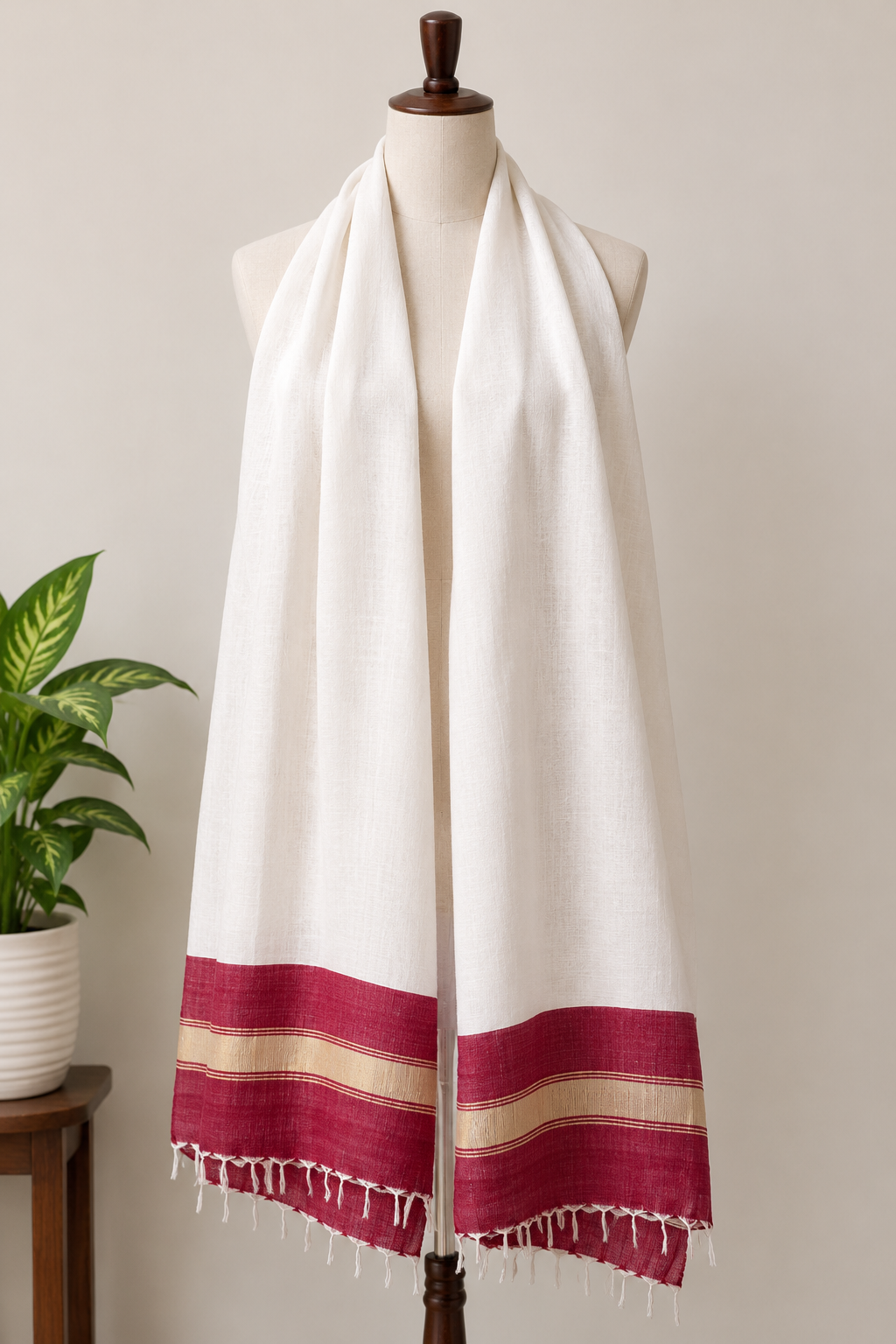 White & Maroon with Golden Strip Hand Woven Stole