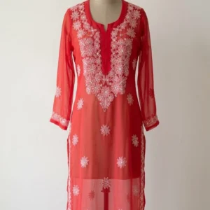Peach Chickankari Mirror Work Straight Kurti