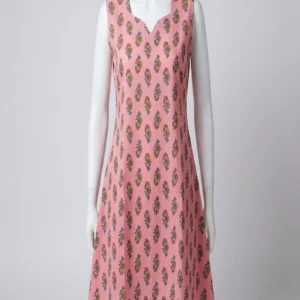 Pink with Green Floral Motifs A line Kurti