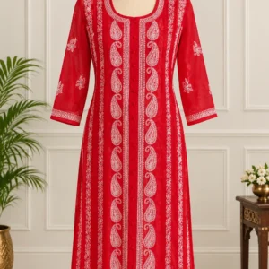 Red Anarkali Chickankari Kurti