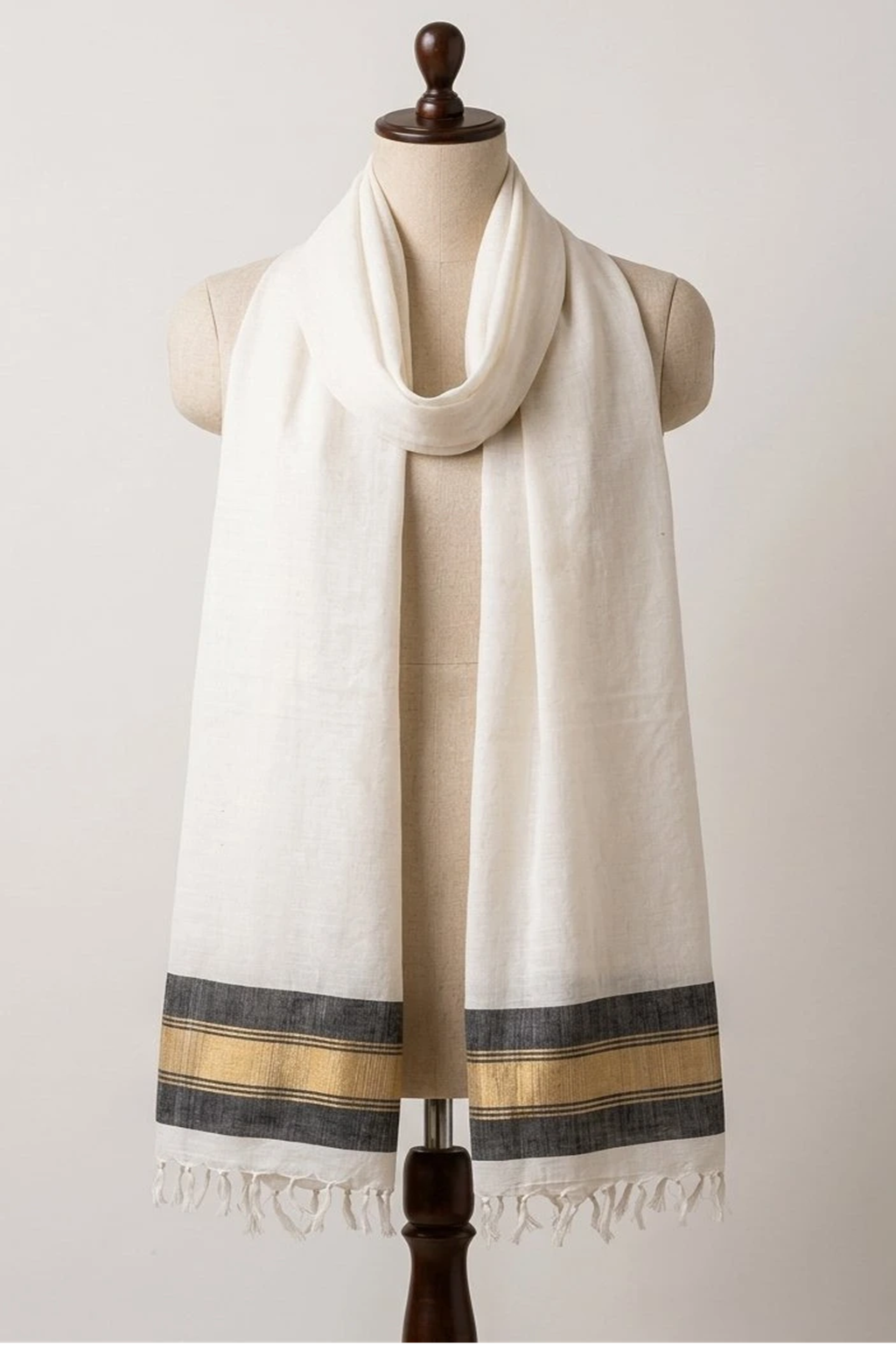 White & Black with Golden Strip Hand Woven Stole
