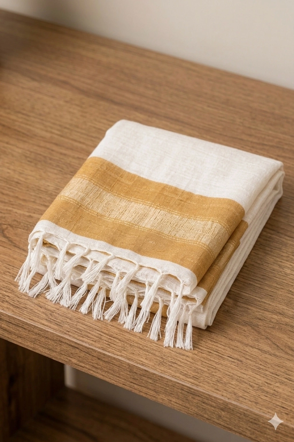 White & Mustard with Golden Strip Hand Woven Stole - Image 2