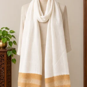 White & Mustard with Golden Strip Hand Woven Stole