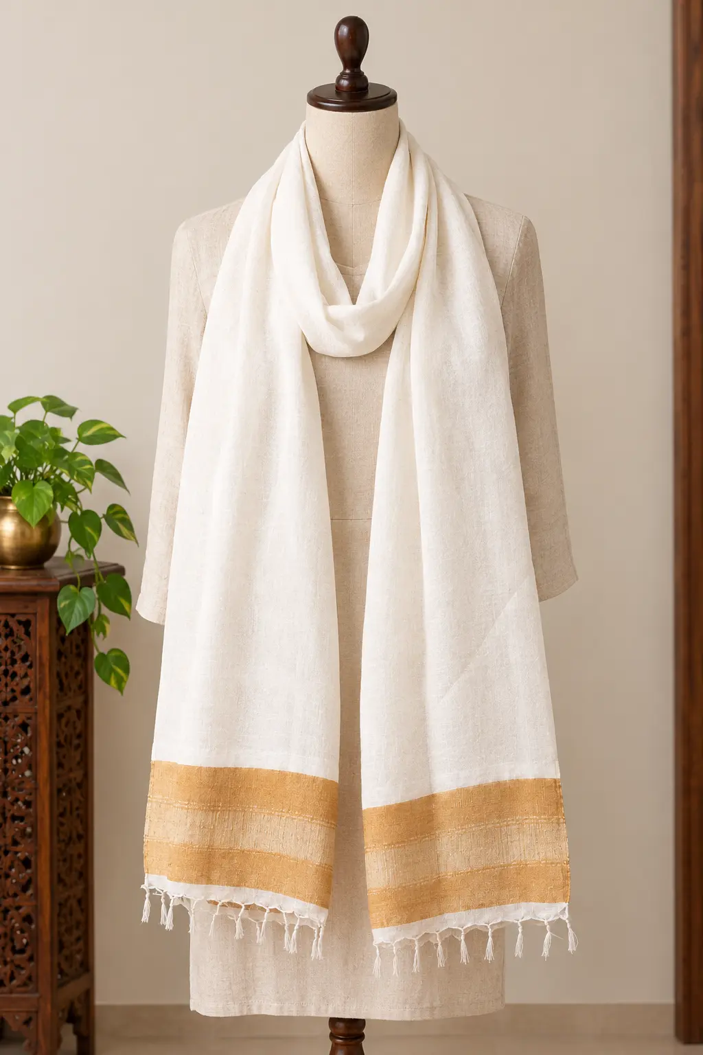 White & Mustard with Golden Strip Hand Woven Stole