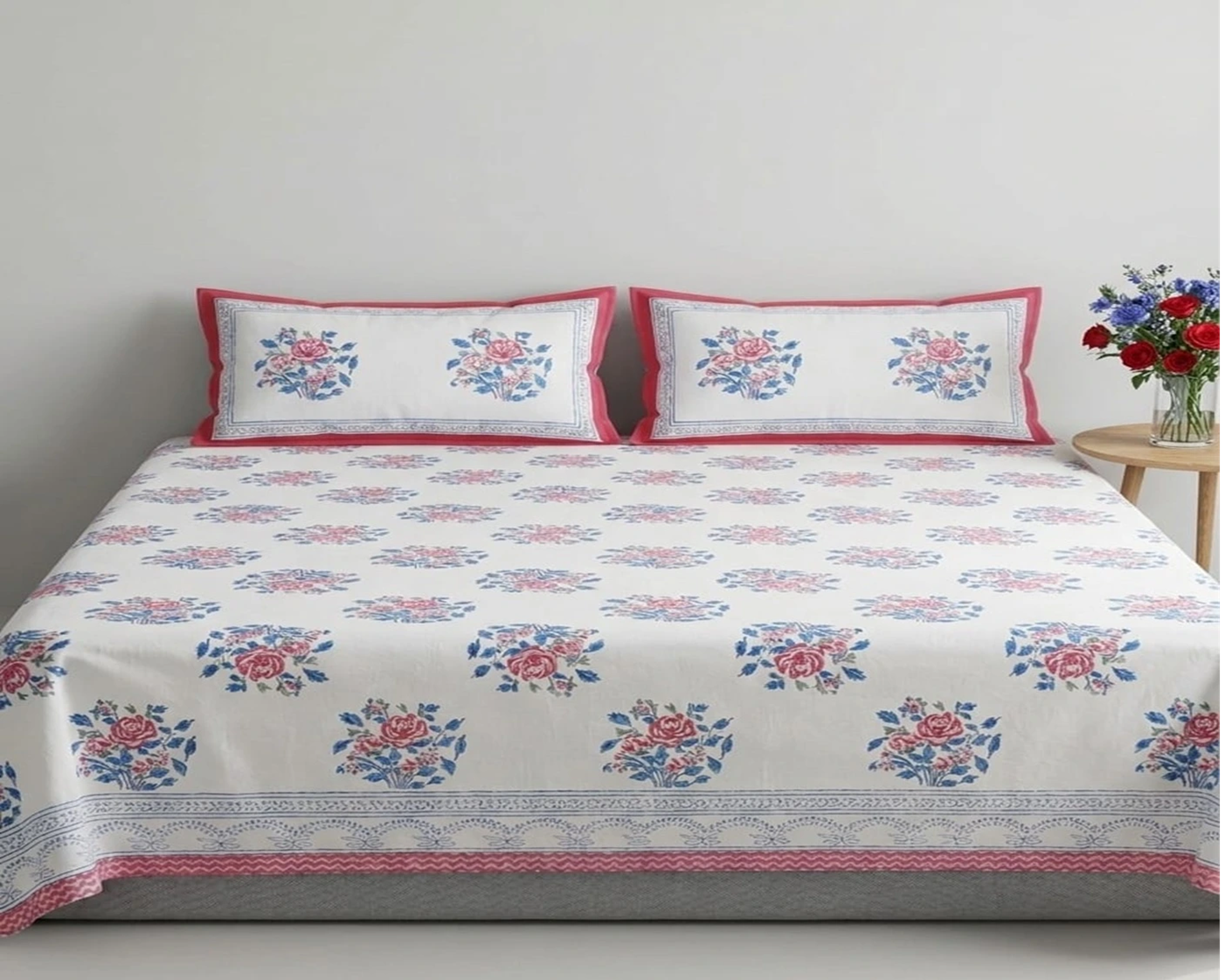 White & Pink Floral Premium Cotton Bedsheet