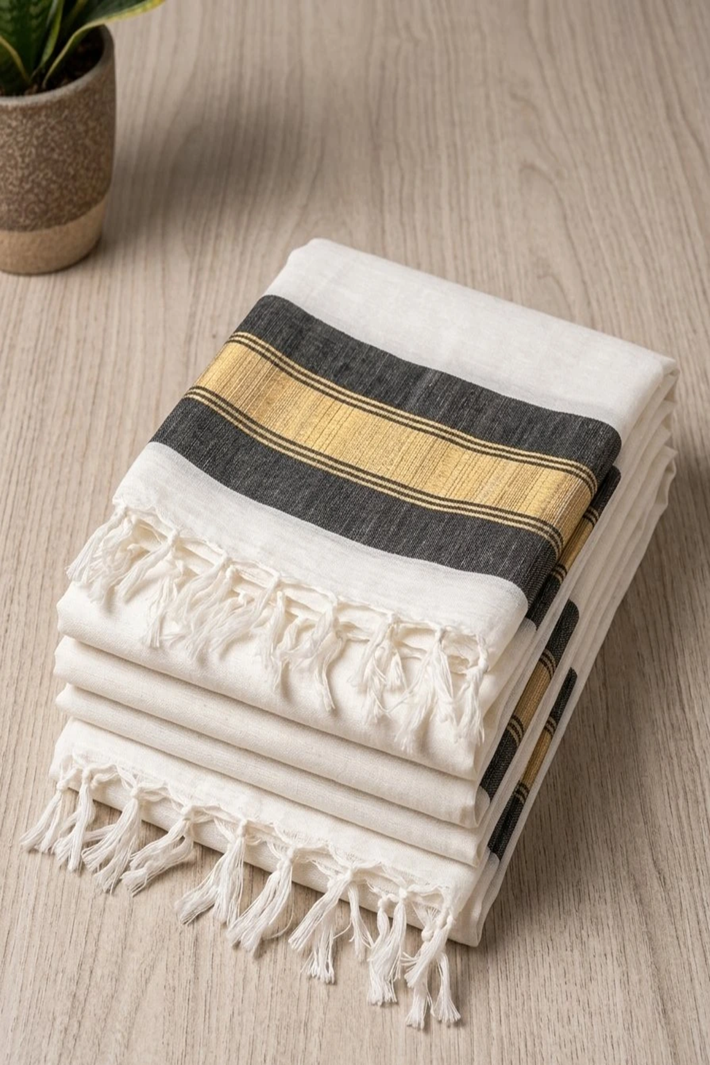 White & Black with Golden Strip Hand Woven Stole - Image 2