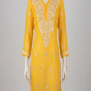 Yellow Chickankari Mirror Work Straight Kurti