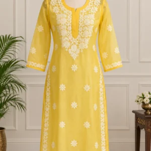 Yellow Chickankari Pearl work Straight Kurti