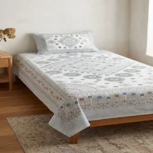 White & Green Stitch Print Single Bedsheet